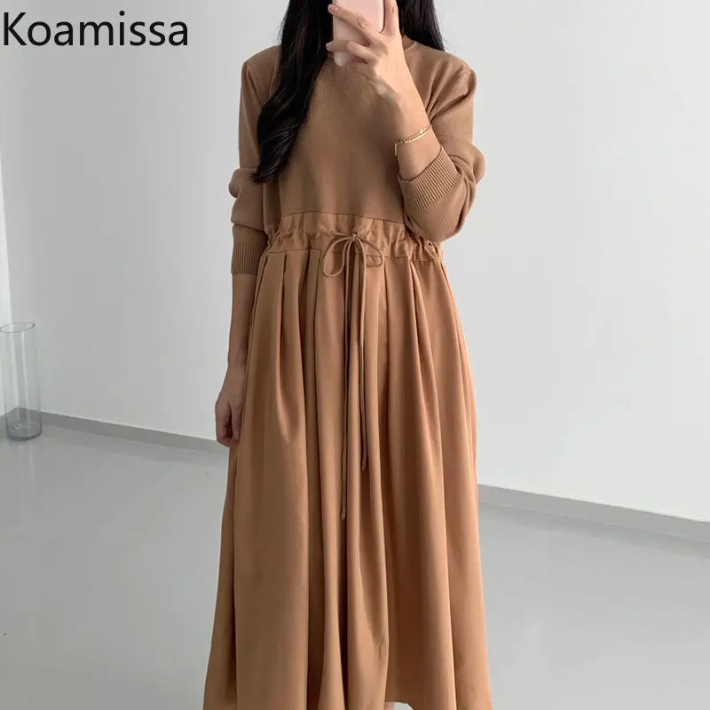

Koamissa Smiple Women Solid Long Dress Long Sleeves O-neck Drawstring Lace Up Dresses Lady Autumn Patchwork Vestidos New Robes