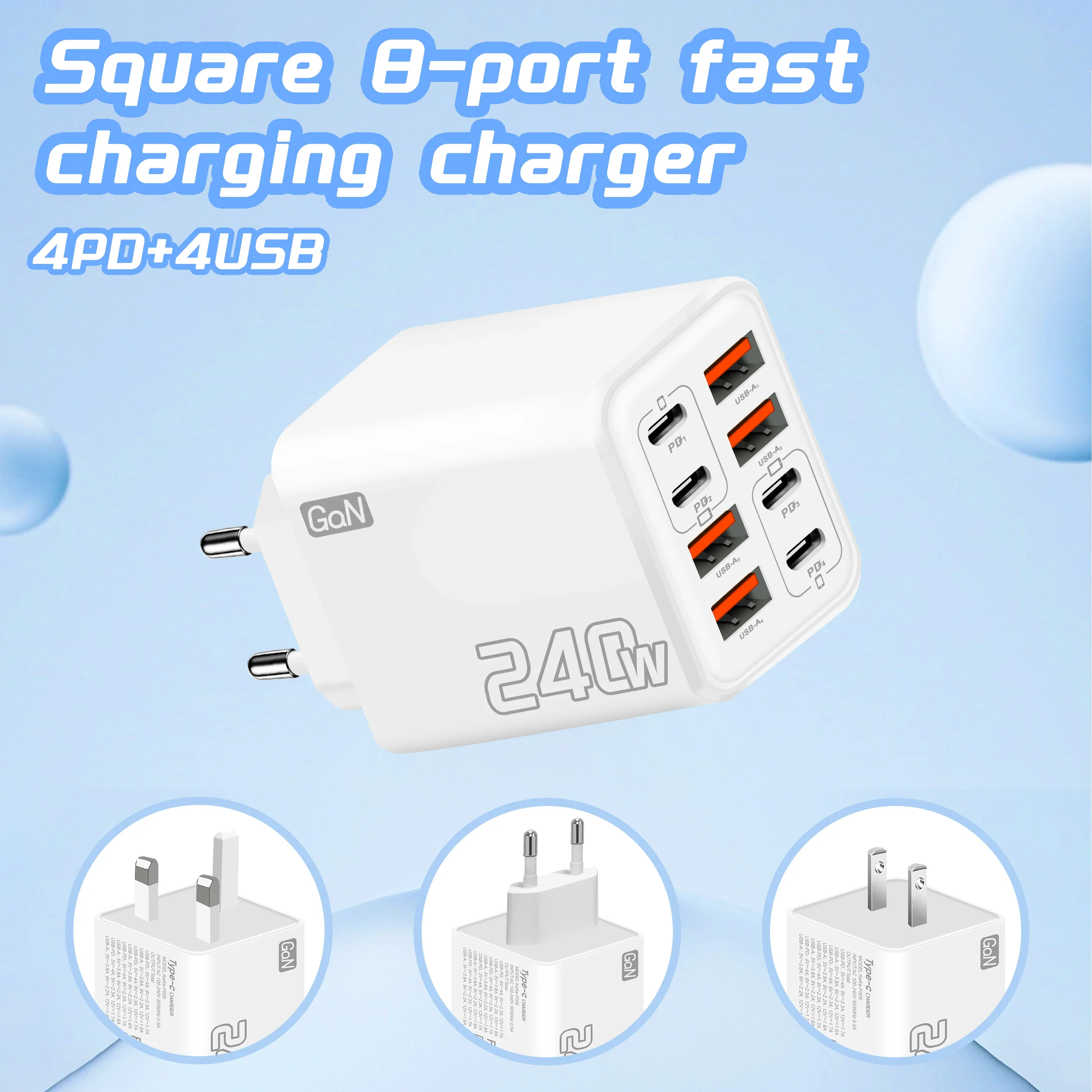 Chargeur USB C GaN 240W 8 en 1, charge rapide, adaptateur secteur Type C, prise EU/US, pour iPhone, Xiaomi, Samsung