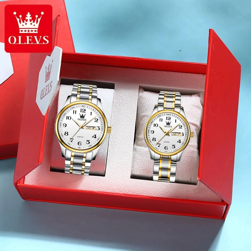 OLEVS 5567 Original Quartz Couple Watch for Men and Women Classic Digital Dial Week/Date Business Luxury Lover\'s Wristwatch Gift