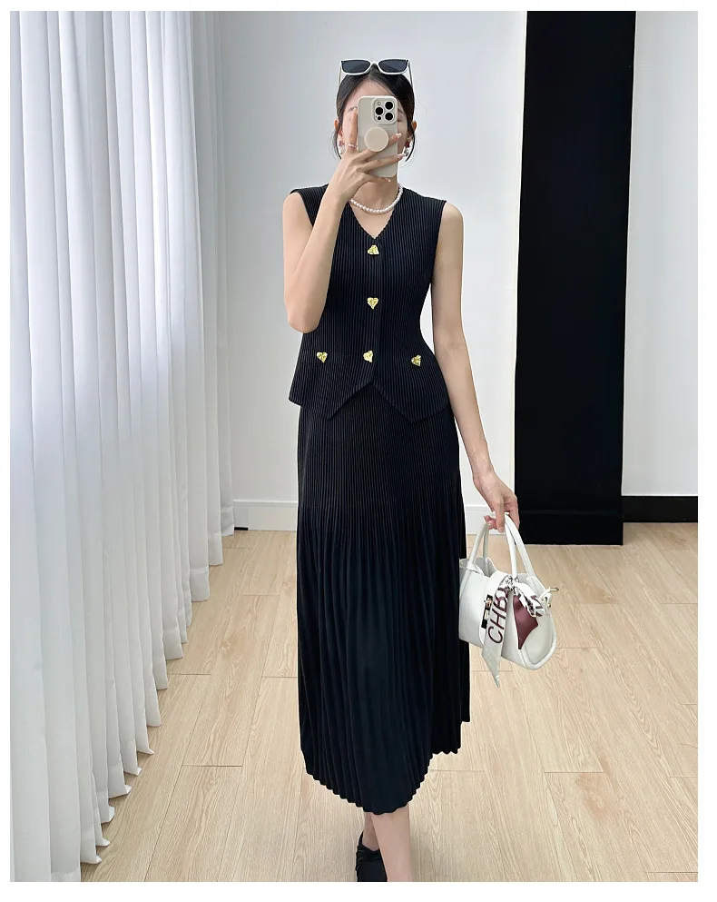 Miyake Fashionable Graceful Suit 2023 Autumn Winter Trend New Classic Style Vest High Waist Drooping Two-Piece Overskirt Suit