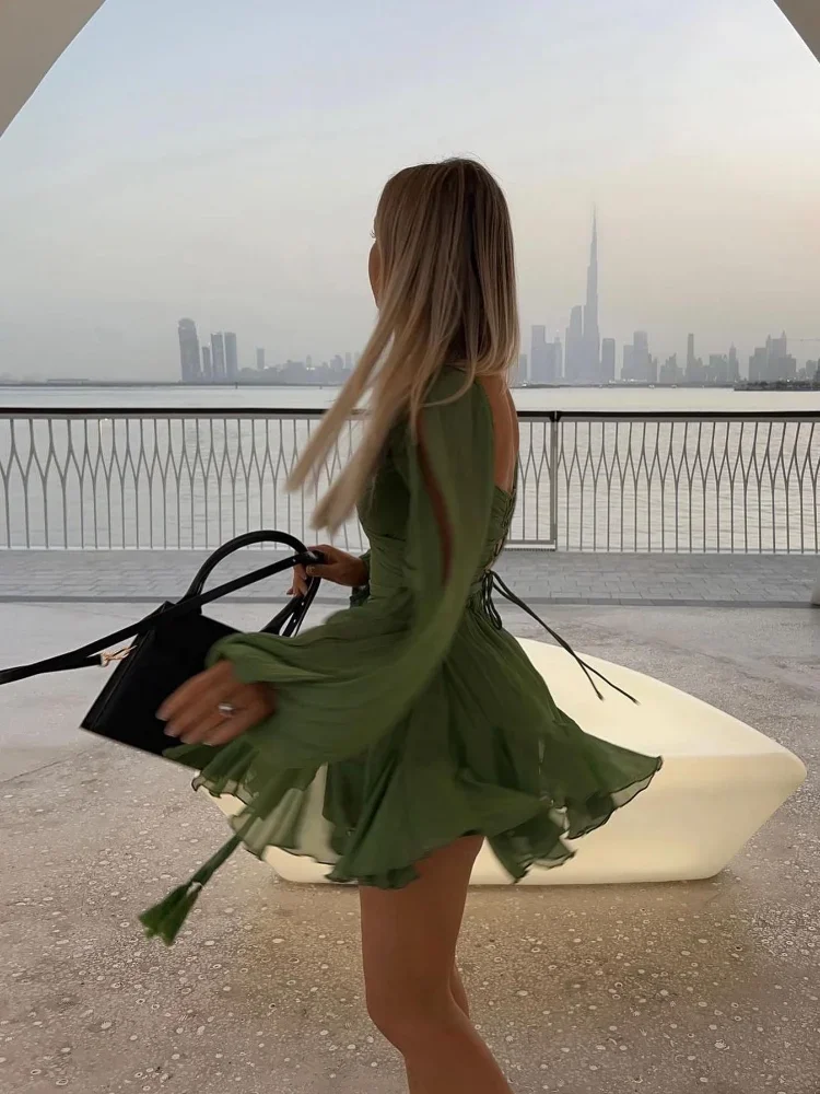 Women Fashion Chiffon Pleated Lace Up High Waist Mini Dress Chic Green Hollow Out Full Sleeve A-line Dresses Lady Beach Robes ﻿ 4