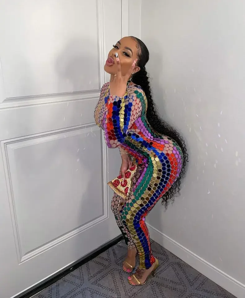 Stage Outfit Mirror Rhinestones Transparent Jumpsuit Long Sleeve Birthday Prom Party Dress  Dancer Show Outfit Stage Wear