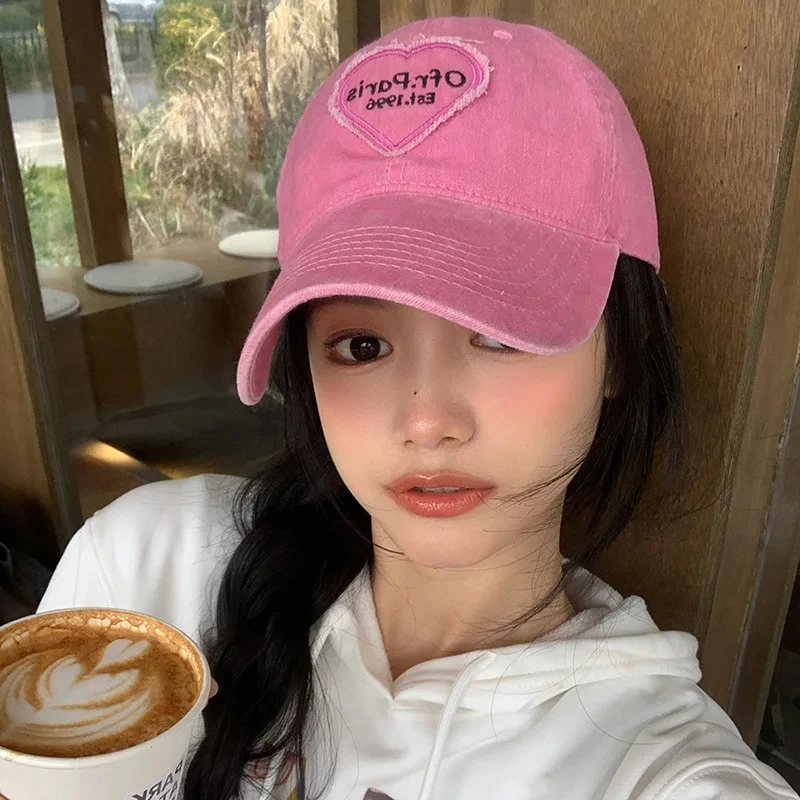 Women baseball cap Vintage Cotton Snapback Hat Retro Y2K Embroidered Love Heart Letter