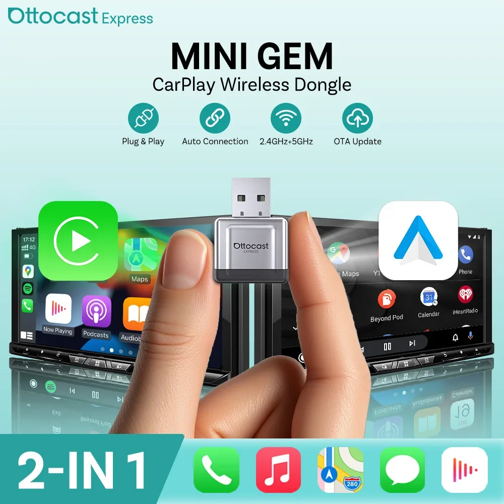 OTTOCAST Mini Gem Kabelgebundener zu Kabelloser CarPlay Android Auto Adapter USB-Dongle Plug & Play Schnellverbindung für Benz Audi Toyota VW