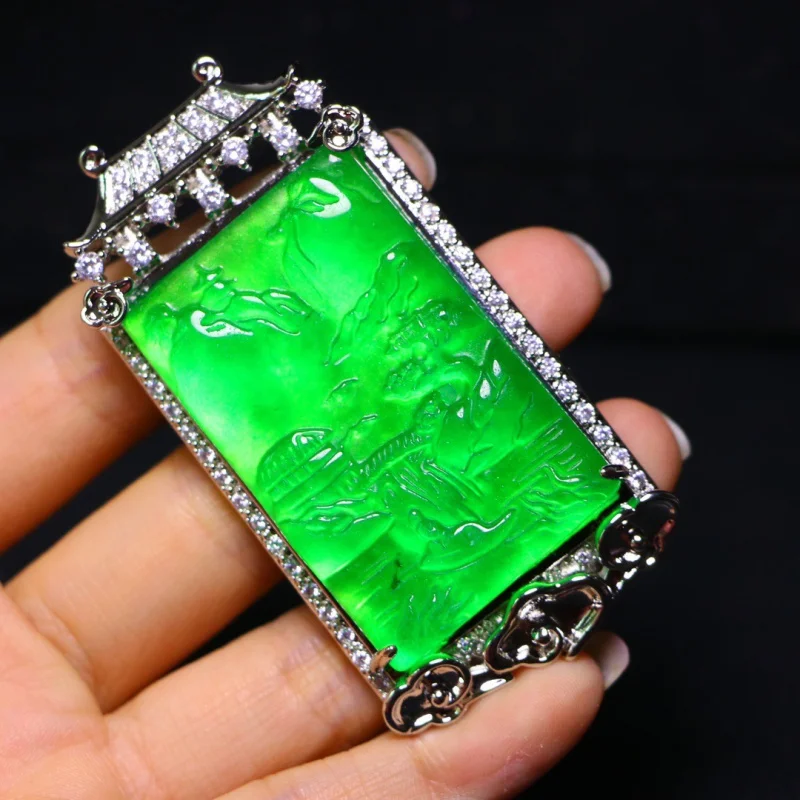 

Factory Wholesale Inlaid Landscape Pendant Pieces Full of Green Ice Transparent Landscape Pendant Quartz Rock Jade Emerald Penda