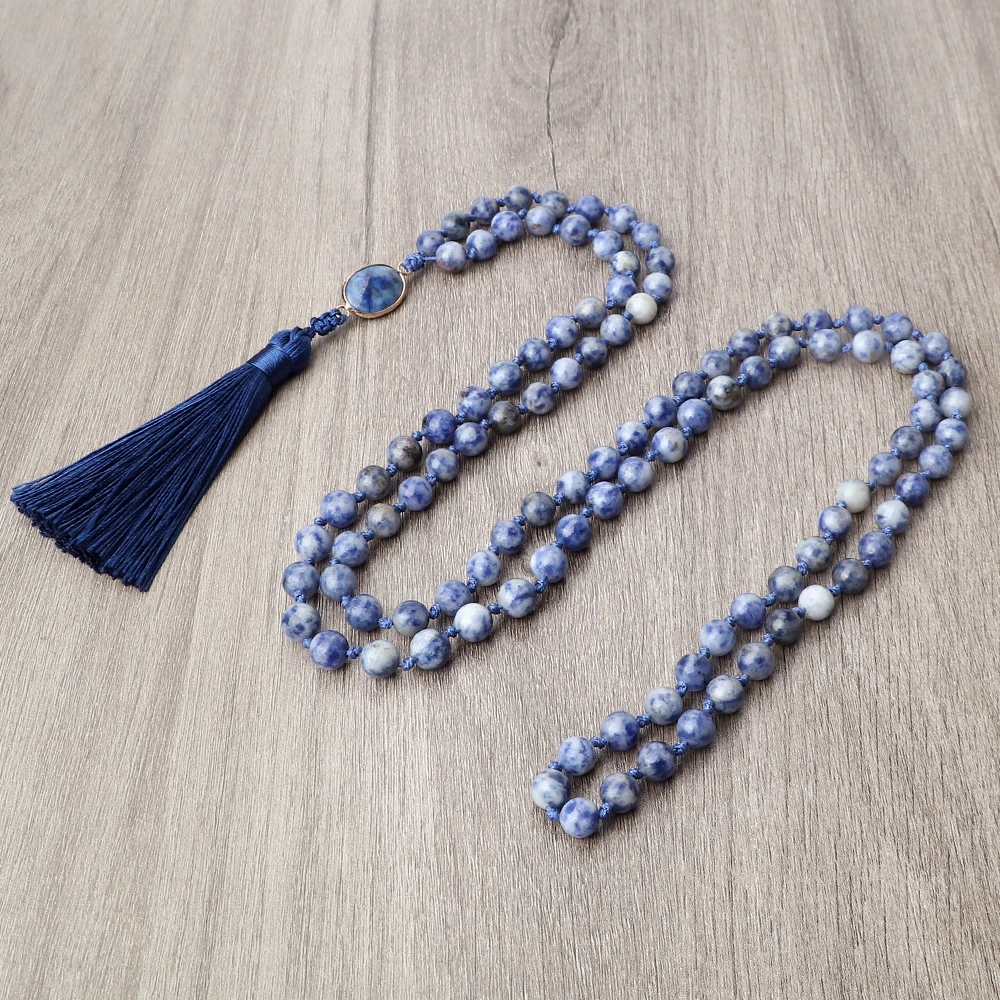

Buddhist 108 Mala Beads Necklace 8mm Blue Jade Stone Handmade Knotted Meditation Yoga Blessing Rosary Necklaces Prayer Jewelry