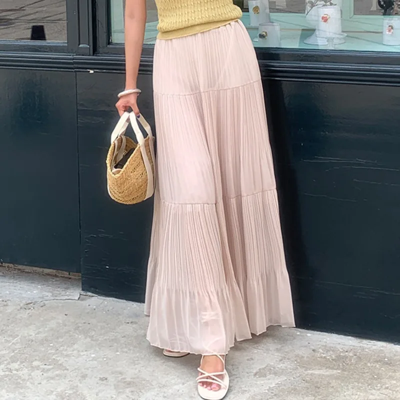 

South Korea chic summer new French retro layering casual high waist long solid color pleated skirt