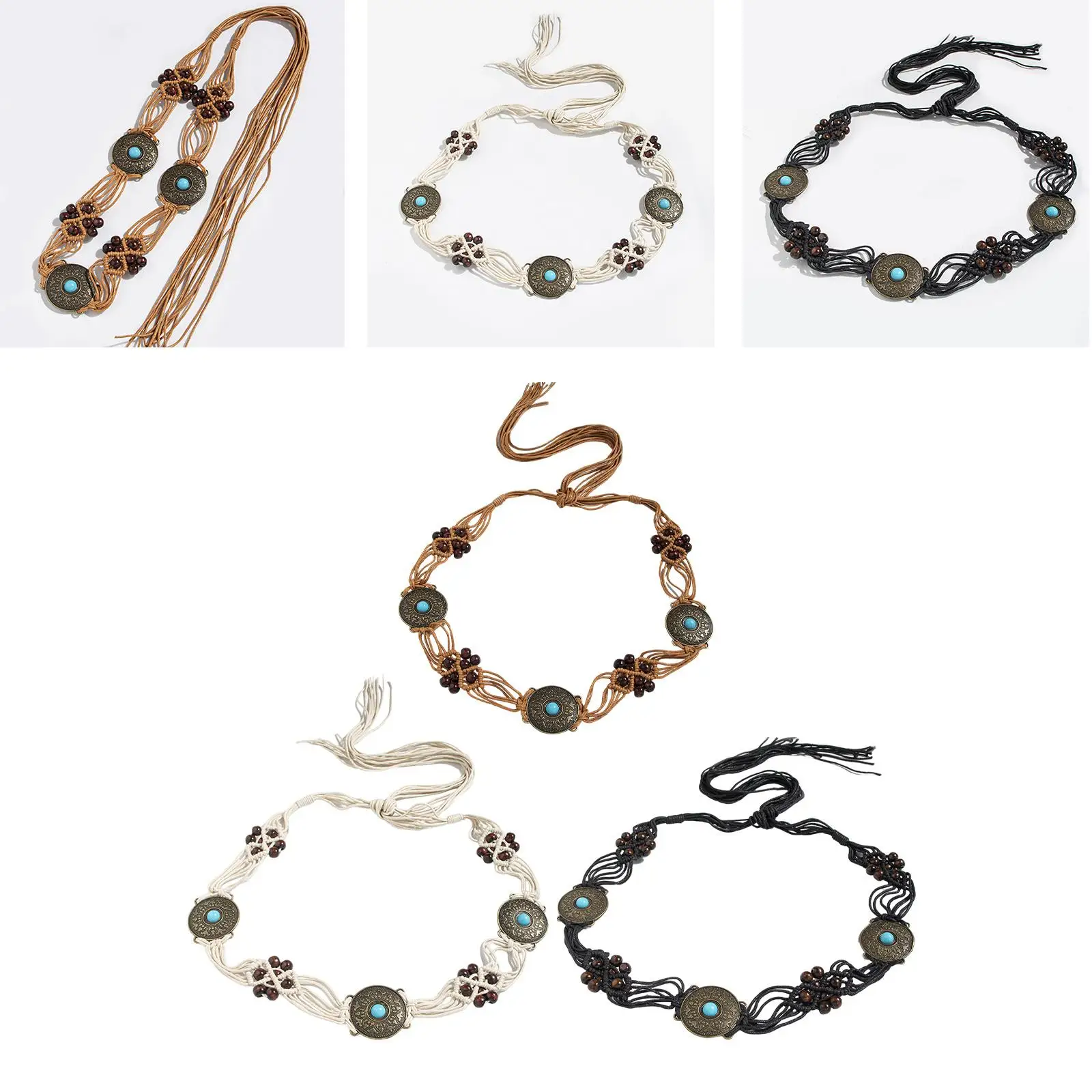 Flax Rope Belt with Knots and Inlays Retro Chain Belt for Celebrations Gift
