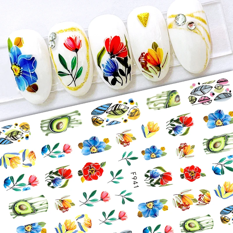 

1pcs Colorful Flowers Grass Stickers for Manicure Summer Fruits Avocado Geometry Line Floral Nail Art Decals Manicure Decor F941