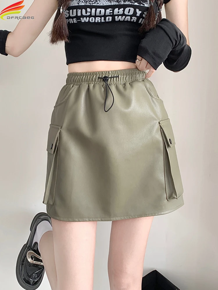 

New 2023 Autumn PU Leather Skirt Women High Elastic Waist Drawstring Mini Skirts With Lining Korean Fashion Package Hip Jupe