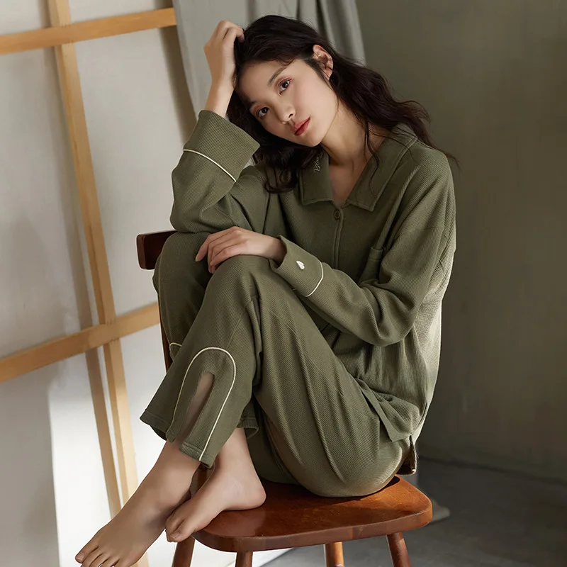 

Pajamas Autumn Women's Cotton Cardigan Long Sleeved Trousers Waffle Home Clothes Can Be Worn Outside Women's Two-piece Pajamas