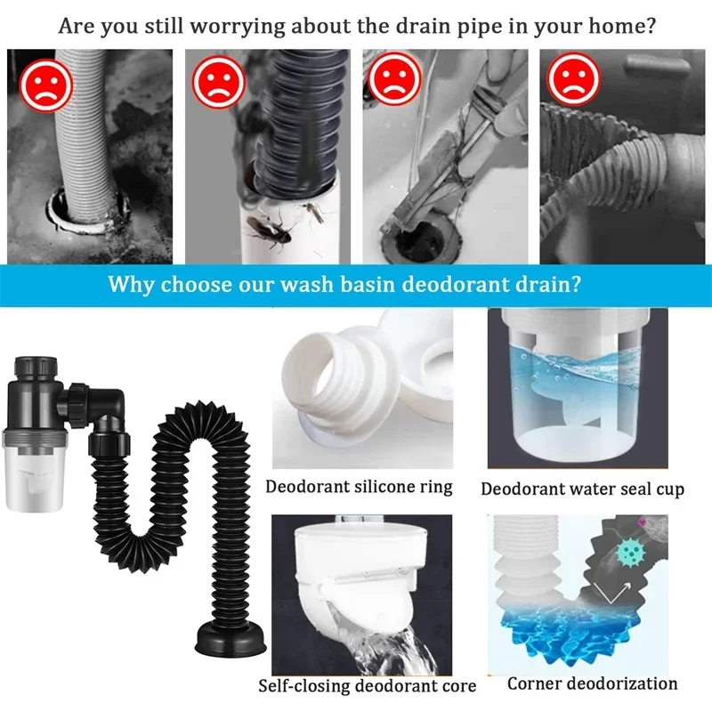 Kitchen Sink Deodorant P-Trap Set Launch Pipeline Deodorizing Filter Sink Strainer Hose Drain Pipe Plumbing Kitchen Accessories
