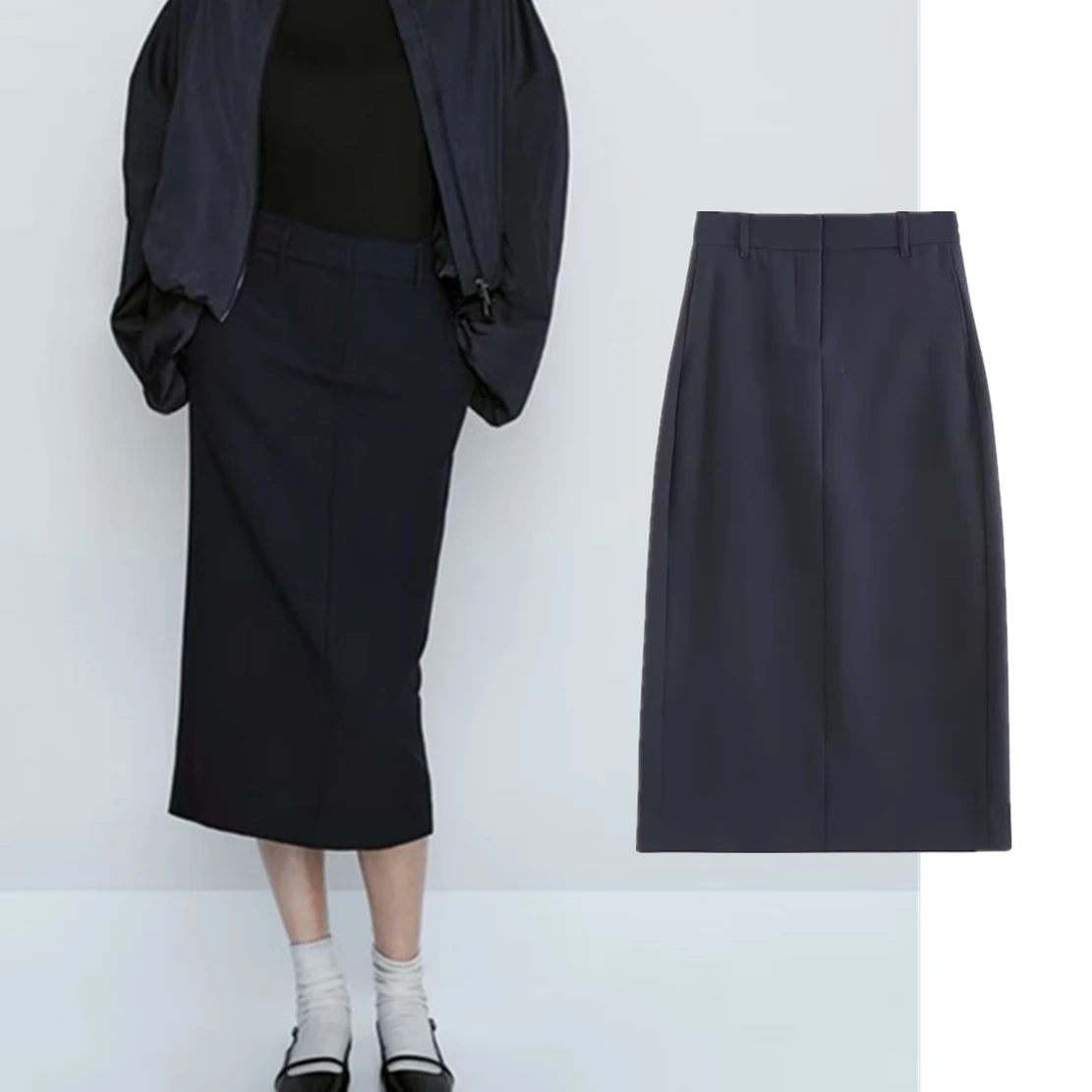 

Elmsk Spring Summer England Style Fashion Office Lady Suits Skirt Navy Color Solid Straight Midi Skirts Womens