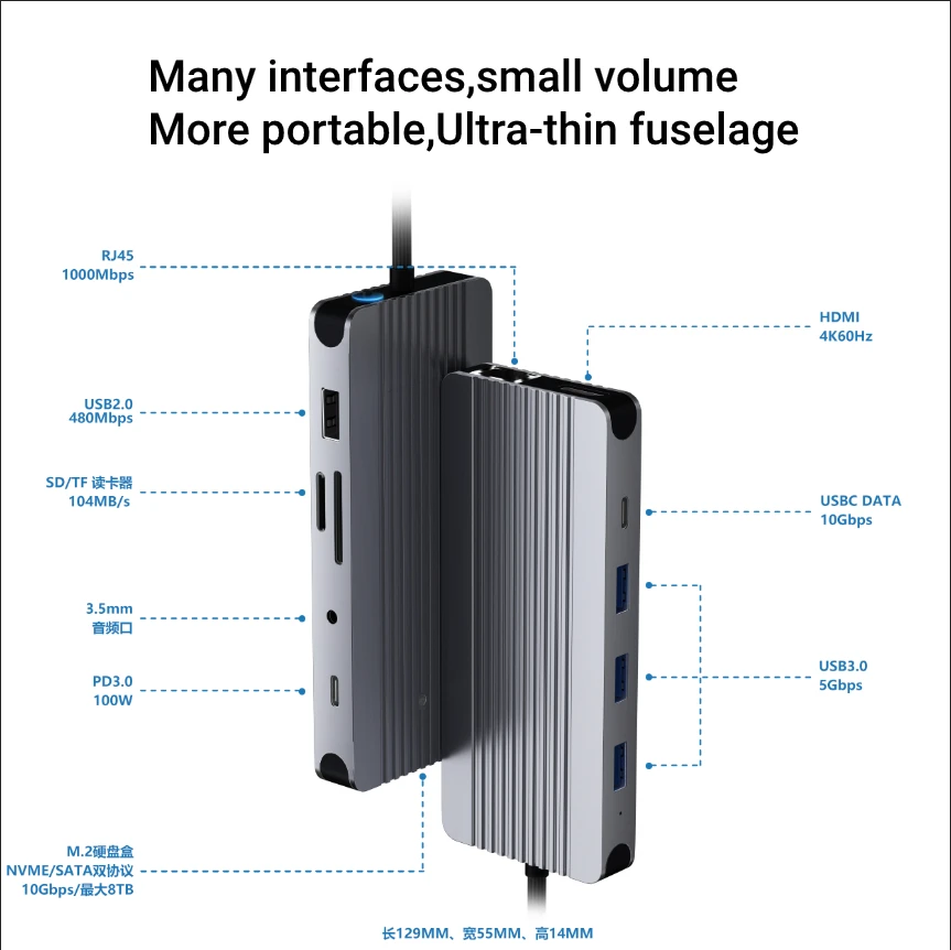 12 in 1 Type-C Hub M.2 SSD Enclosure Docking Station SD TF Card PD 100W with HDMI 4K 60Hz 1000M Ethernet For Macbook Pro Air M1