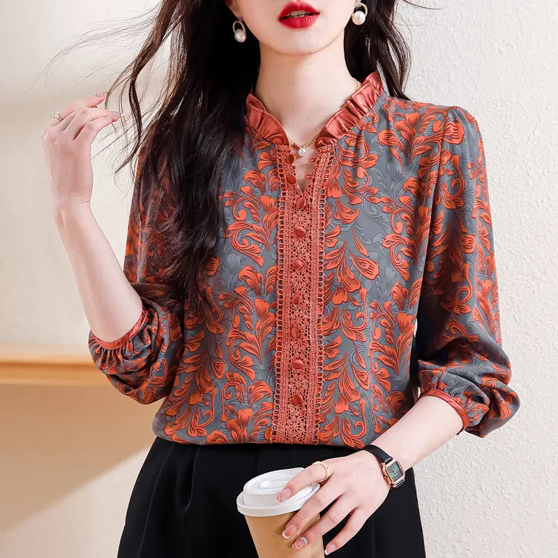 

Women's 2024 Shirt Summer New Pullover Half Open Collar Panel Fashion Versatile Western Printed Button Lace Slimming Casual Top