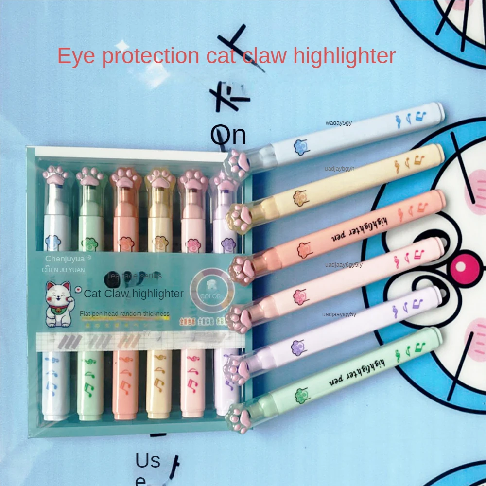 6Pcs/Set Cartoon Cat Paw Highlighter Fluorescent Marker Pen Student Art Drawing Doodling Marking School Office Kawaii Stationery