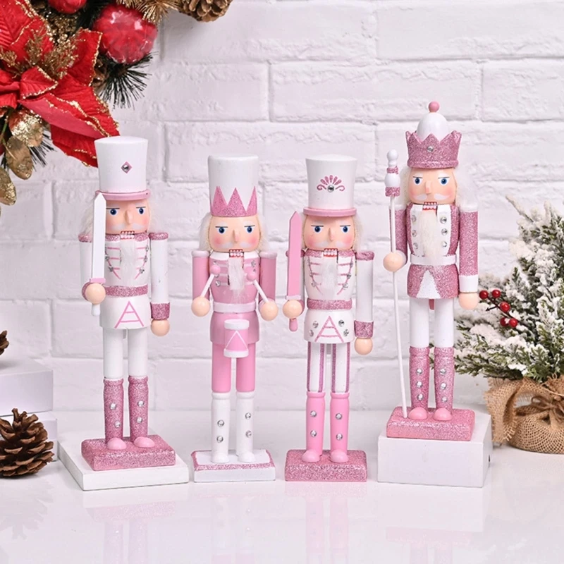 

4Pcs Pink Wood Nutcracker Set Christmas Ornaments 12-Inch Wood Soldier Statues Tables Shelf Display Xmas Decorations