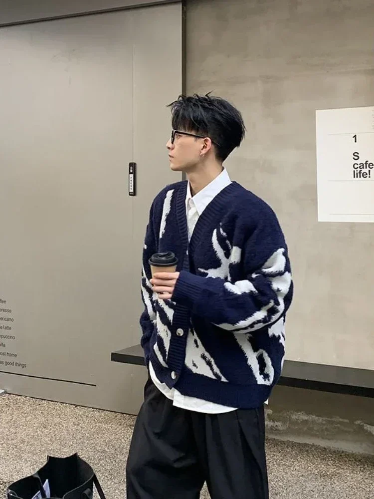 Men's Clothing V Neck Blue Cardigan Graphic Knit Sweater Male