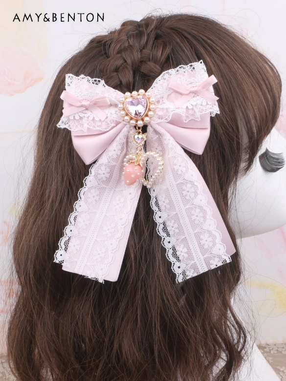 Customized Handmade Japanese Lace Sweet Heart Pendant Rhinestone Cute Hair Clips Kawaii Bow Hair Bow Lolita Hair Accessories