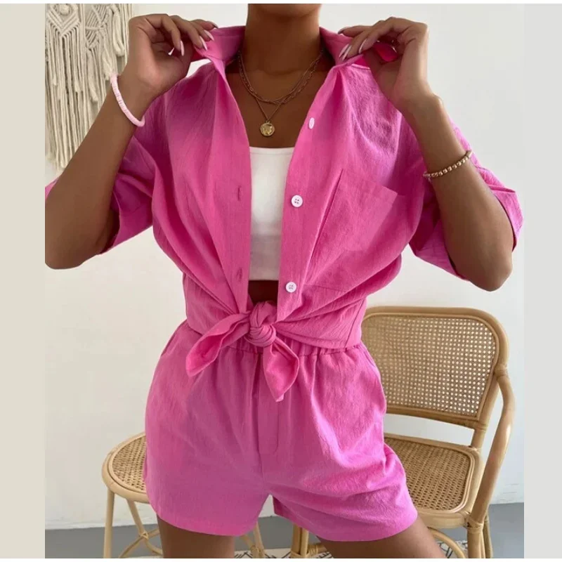 

Fashion Ladies Sexy Solid Suits 2023 Summer 2 Piece Outfits for Women Long Sleeve Single-breasted Top + Broad-legged Shorts Set