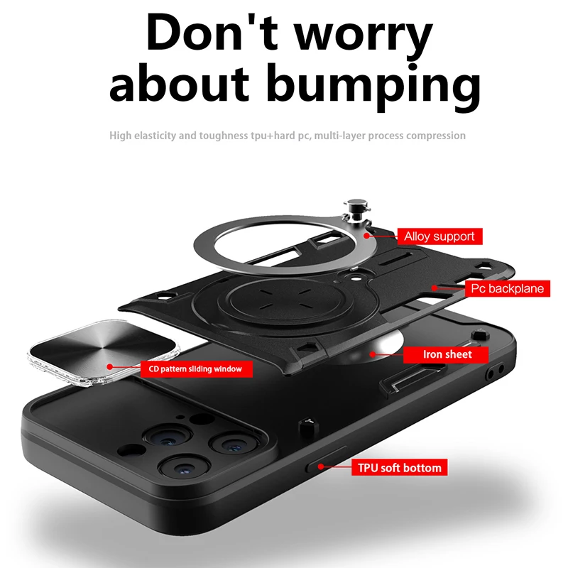 Slide Camera Shockproof Armor Case with Ring Holder and Magnetic Back Cover