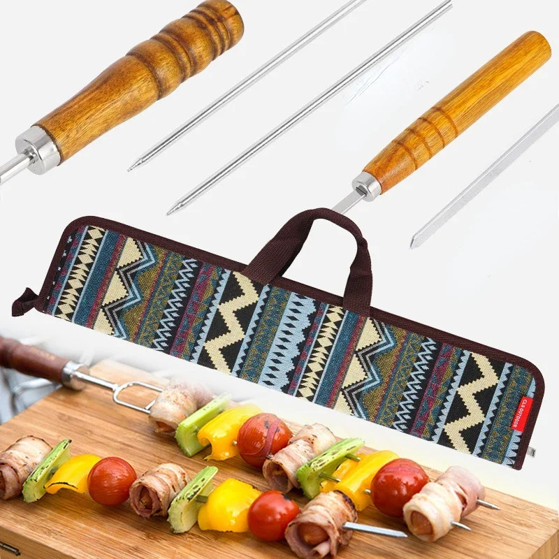 Outdoor BBQ Skewer 7-piece Set Stainless Steel Barbecue Wooden Handle Sticks BBQ Grill Skewers with Storage Bag Camp Picnic Tool