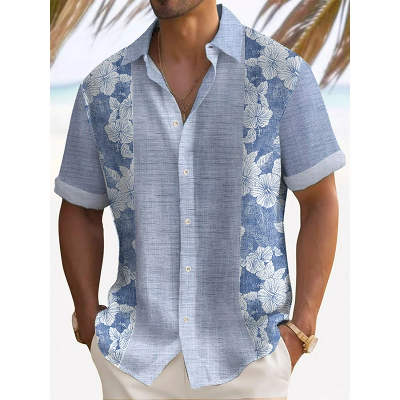 Chemise,Chemise en lin à manches courtes pour homme,motif Floral,ample