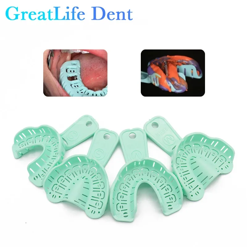 GreatLife Dent 3 Pairs Dental Implant Tray Green Full Mouth Removable Partial Mold Tray Easy Fold Baffle Plastic Dentist S/M/L