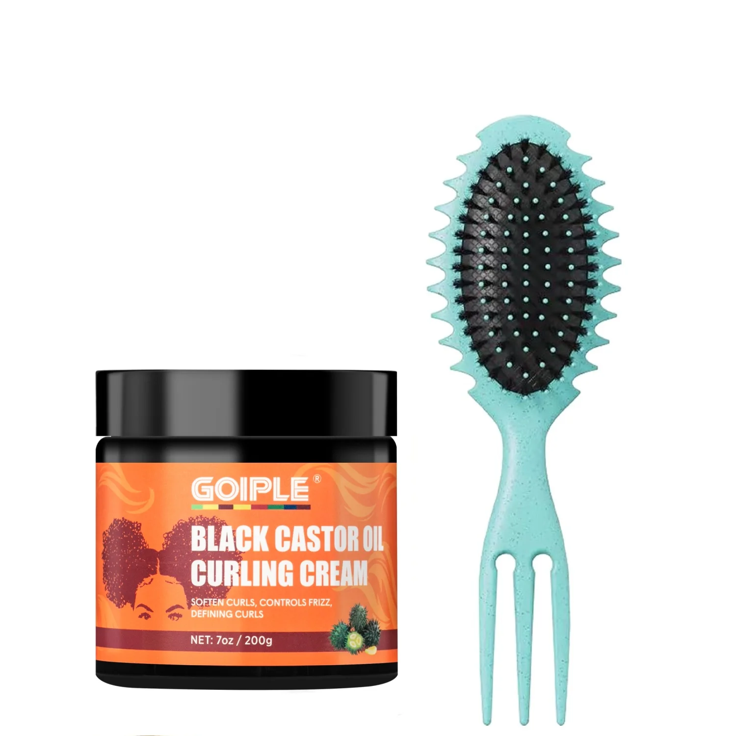 7oz Black Castor Oil Curling Cream with Curl Defining Brush Flyaways Control Smooth Styling Hair Care Moisturizing Conditioner