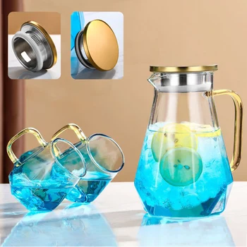 Bollitore freddo in vetro resistente al calore per tè freddo, brocca per acqua calda e fredda, bottiglia d'acqua con caraffa per bevande succhi e tè freddo, 1,3 litri 1