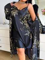 Ensemble pyjama pour femmes grande taille à imprimé floral cerise, robe de nuit sexy avec robe longue, ensemble de vêtements de détente deux pièces pour femmes 4
