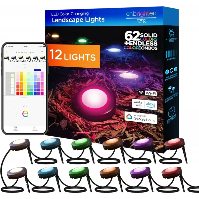 Premium LED Smart Garden Lights, 12 Landscape Lights, 110ft Cord Plus 22ft Lead Wire, Compatible With Alexa And Google Play
