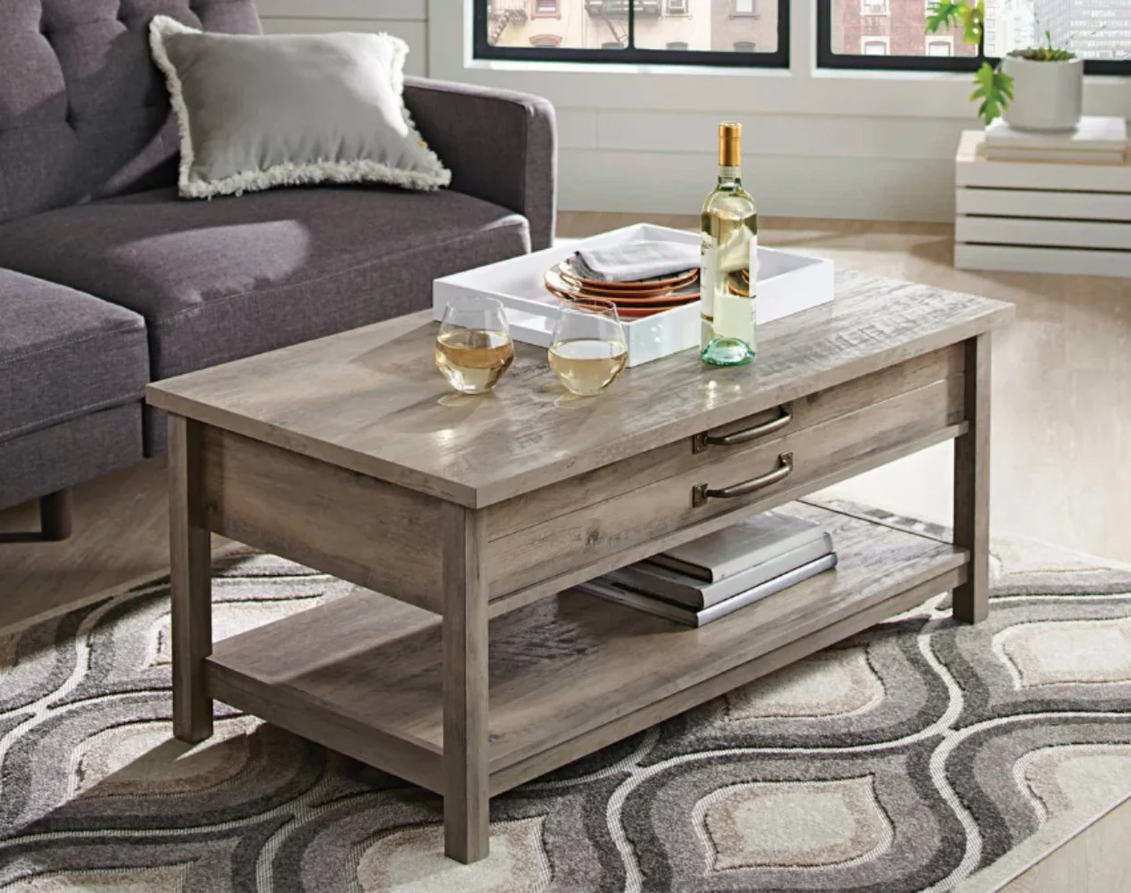 

Better Homes & Gardens Modern Farmhouse Rectangle Lift-Top Coffee Table, Rustic Gray finish living room furniture