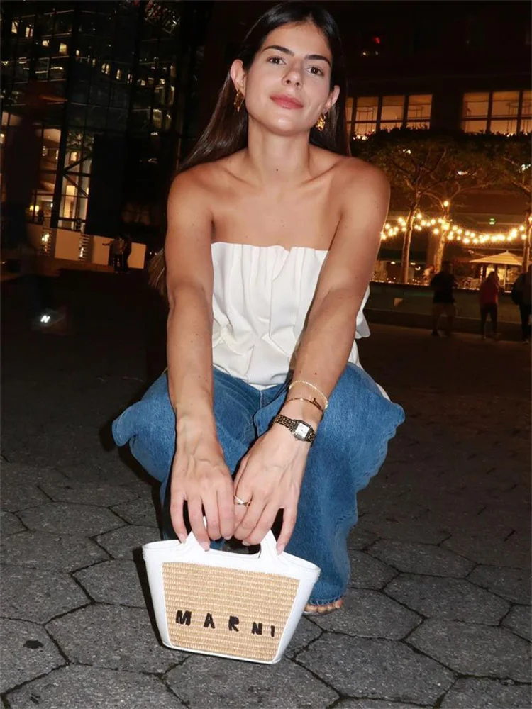 White Pleated For Women Tube Tops Backless Slim Patchwork Casual Summer Elegant Y2k Top High Waist Solid Bandeau Crop top