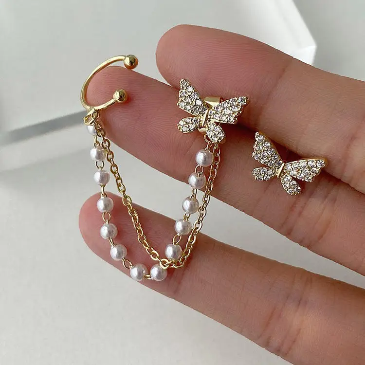 Korean Elegant Cute Rhinestone Butterfly Stud Earrings Women Girls Fashion Metal Chain Jewelry Gifts