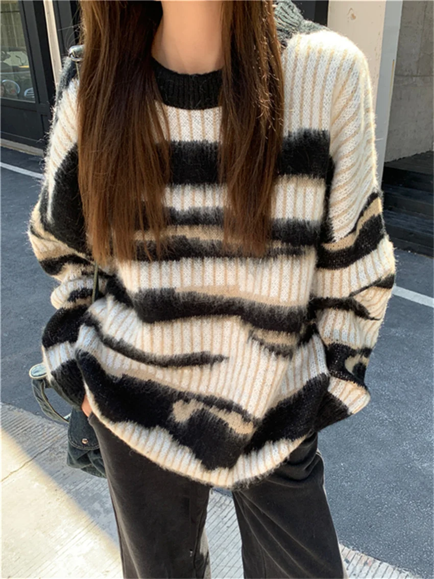 

PLAMTEE Soft Lazy Style Women Sweaters Chic Stripes All Match Loose Autumn Pullovers 2023 Office Lady Knitted Gentle Vintage