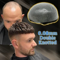 0.08mm d'épaisseur PU Poly Base Double noué toupet cheveux humains durée Durable longue durée de vie prothèse capillaire pour hommes 1