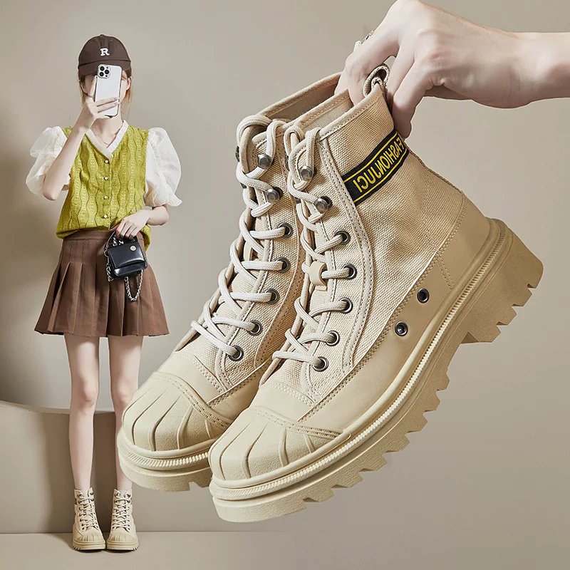 New Shoes for Women Thick-soled Boots Autumn Fashion Canvas Casual Platform Shoes Ladies Outdoor Hiking Boots 4 Colors