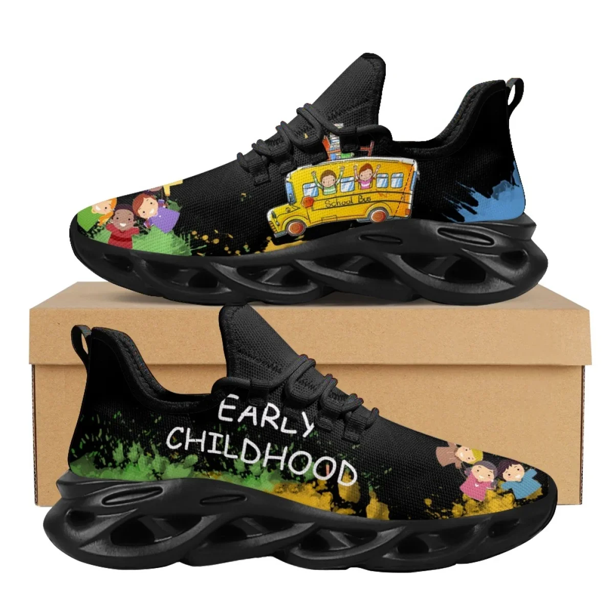 Childrenhood School Bus Printed Casual Flat Shoes Non-slip Outdoor Breathable Sneakers Shock Absorbing Casual Shoes Gift Zapatos