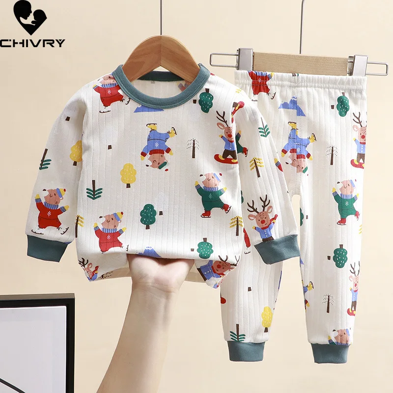 New 2023 Kids Autumn Pajamas Sets Toddler Boys Girls Cartoon Print Long Sleeve O-Neck T-shirt with Pants Newborn Baby Sleepwear