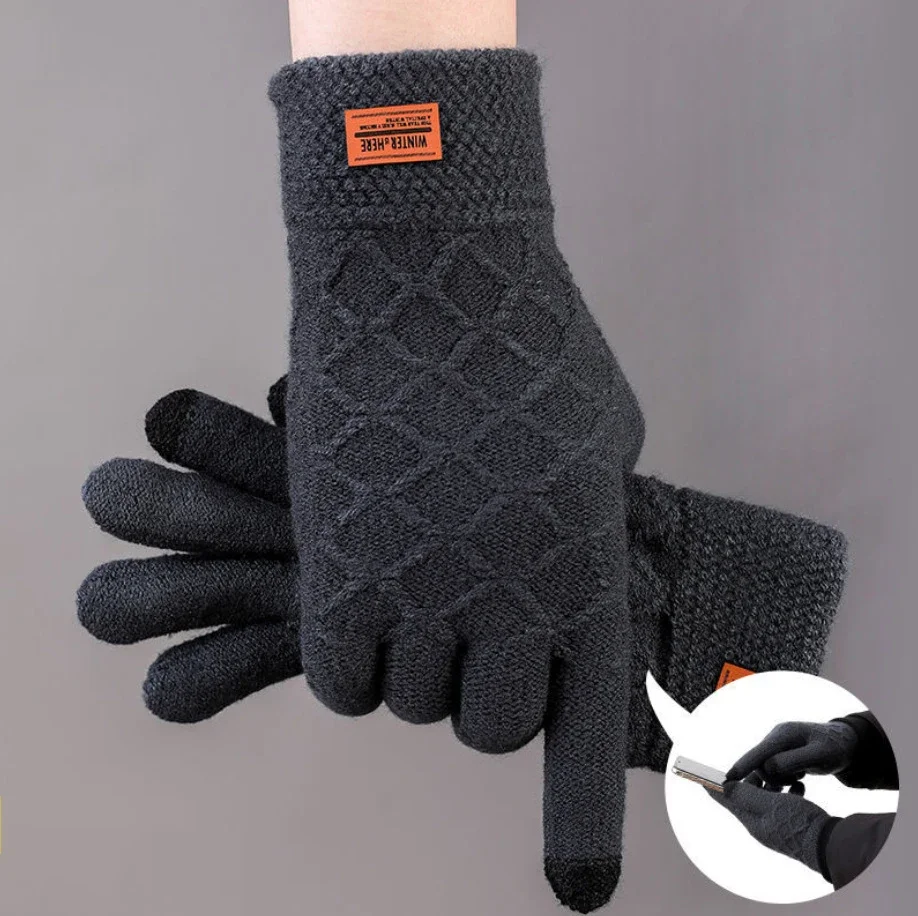 

Men's Knitted Rhombus Gloves, Thick Wool, Jacquard, Touch Screen, Warm, Business, Phone Game, Male, Cycling, Spring, Winter