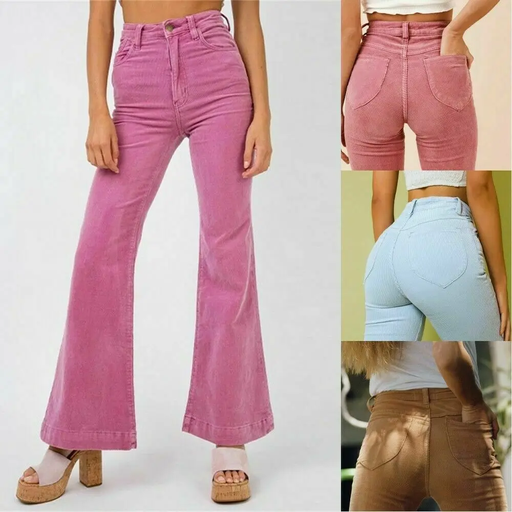 

Women Ladies Corduroy High Waisted Bell Bottom Trousers Flared Pants Trendy New 2022