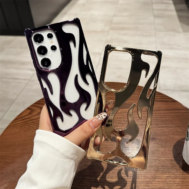 Luxury Plating Hollow 3D Flame Pattern Shockproof Soft Phone Case
