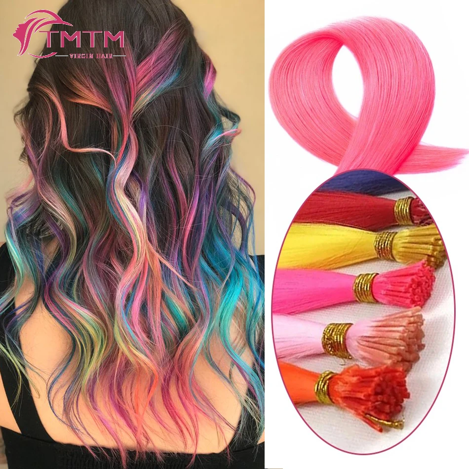 TMTM I Tip Human Hair Extension Kit Rainbow Colored Microlink Capsule Keratin Natural Fusion Human Hair 0.8G/pc 20/50/100Strands hair extensions