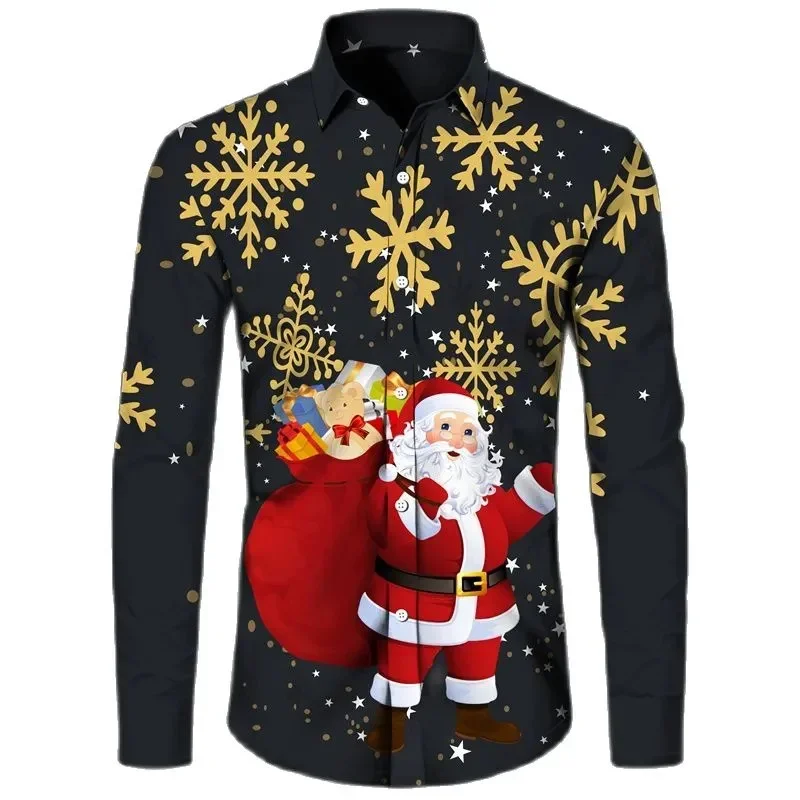 Men's High Quality Long Sleeve Christmas Printed Lapel Shirt Comfortable Soft Fabric Casual Holiday Party Top Christmas Gift