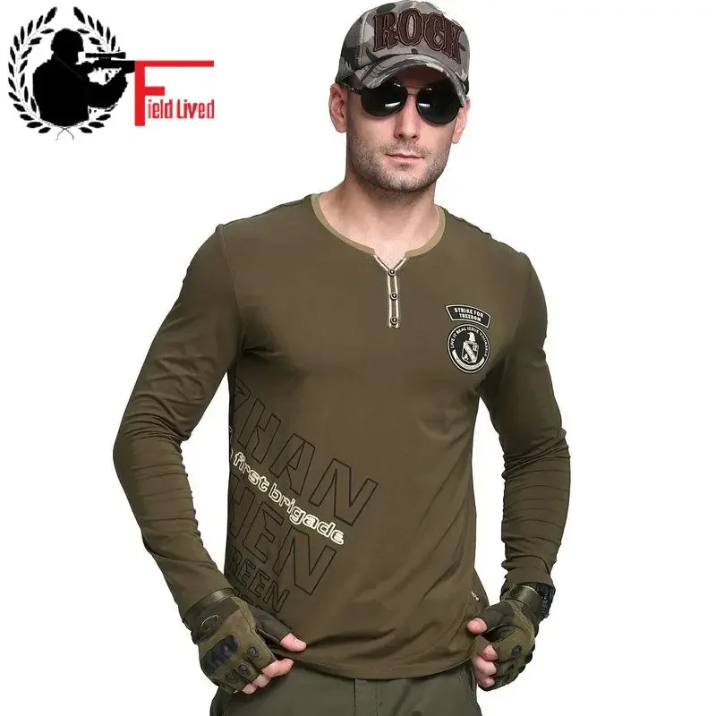 

2024 Mens Long Sleeve V Neck T Shirt Cotton Plus Size T-shirt Casual Male Green Army Combat Tactical TShirt Military Top Tee 4XL