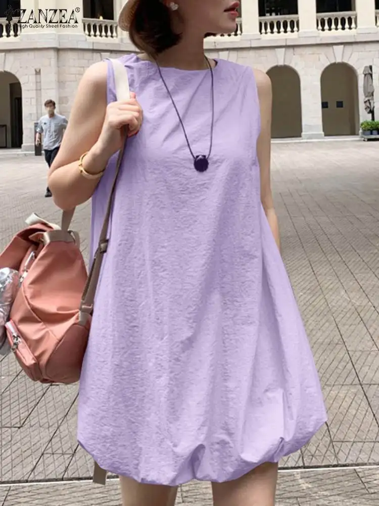 

ZANZEA Summer Holiday Dresses Women Fashion Tanks Dress O Neck Sleeveless Casual Vestidos Sundress Knee Length Party Robe Femme