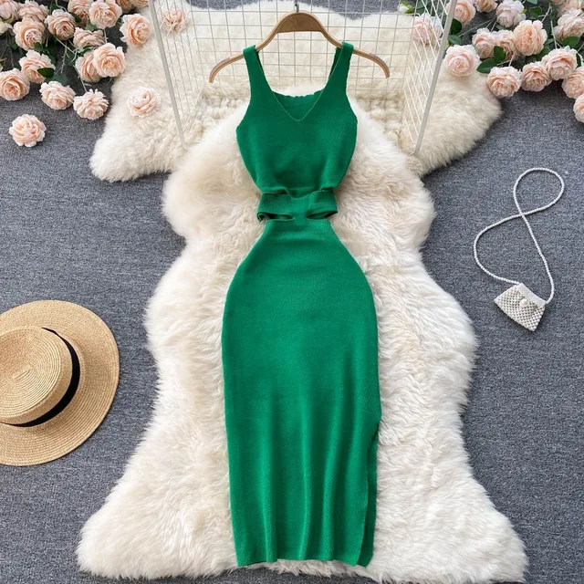 YuooMuoo-vestido ceñido con abertura en la cintura para mujer, traje Sexy de punto a la moda, ceñido a las caderas, ideal para fiesta de verano - Imagen 2