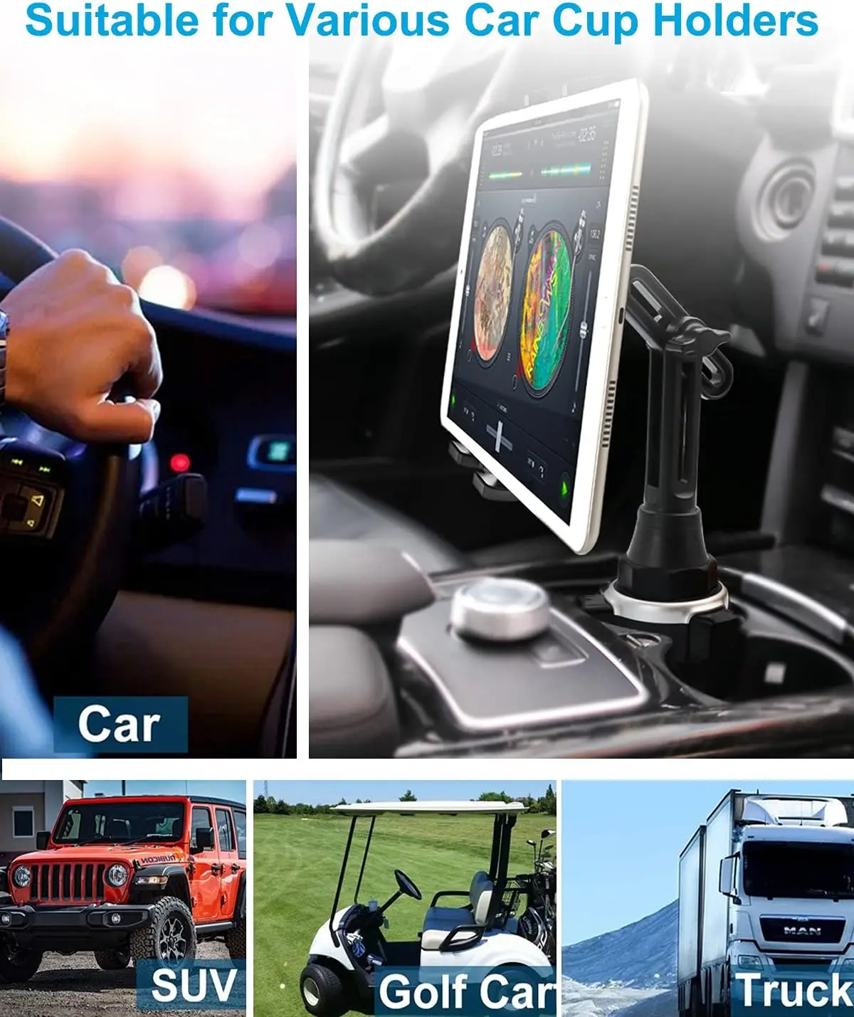 Cup Holder Tablet Mount 360&deg; Rotation Universal Cupholder Tablet Car Mount with Adjustable Arm for 4-13" Devices Tablets