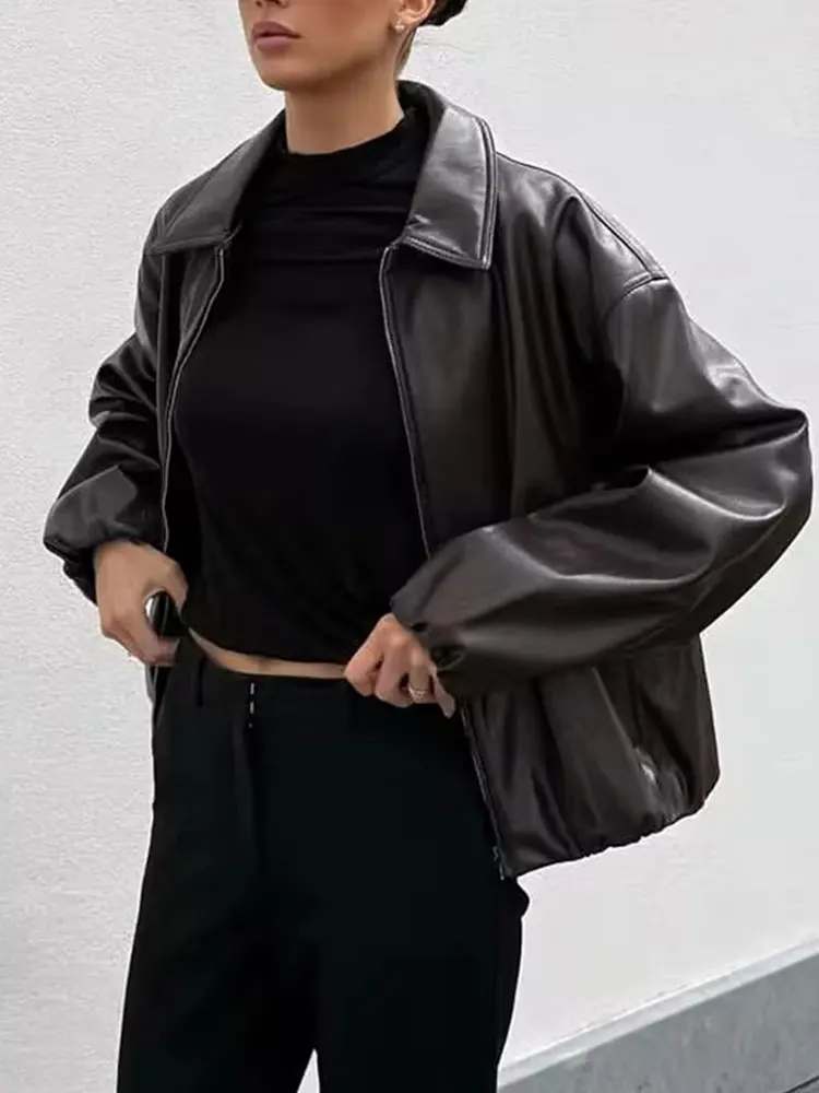 HH Autumn Women Vintage Solid Faux Leather Motorcycle Jacket Long Sleeve Zipper Coat Women Elegant Fashion Streetwear Jackets